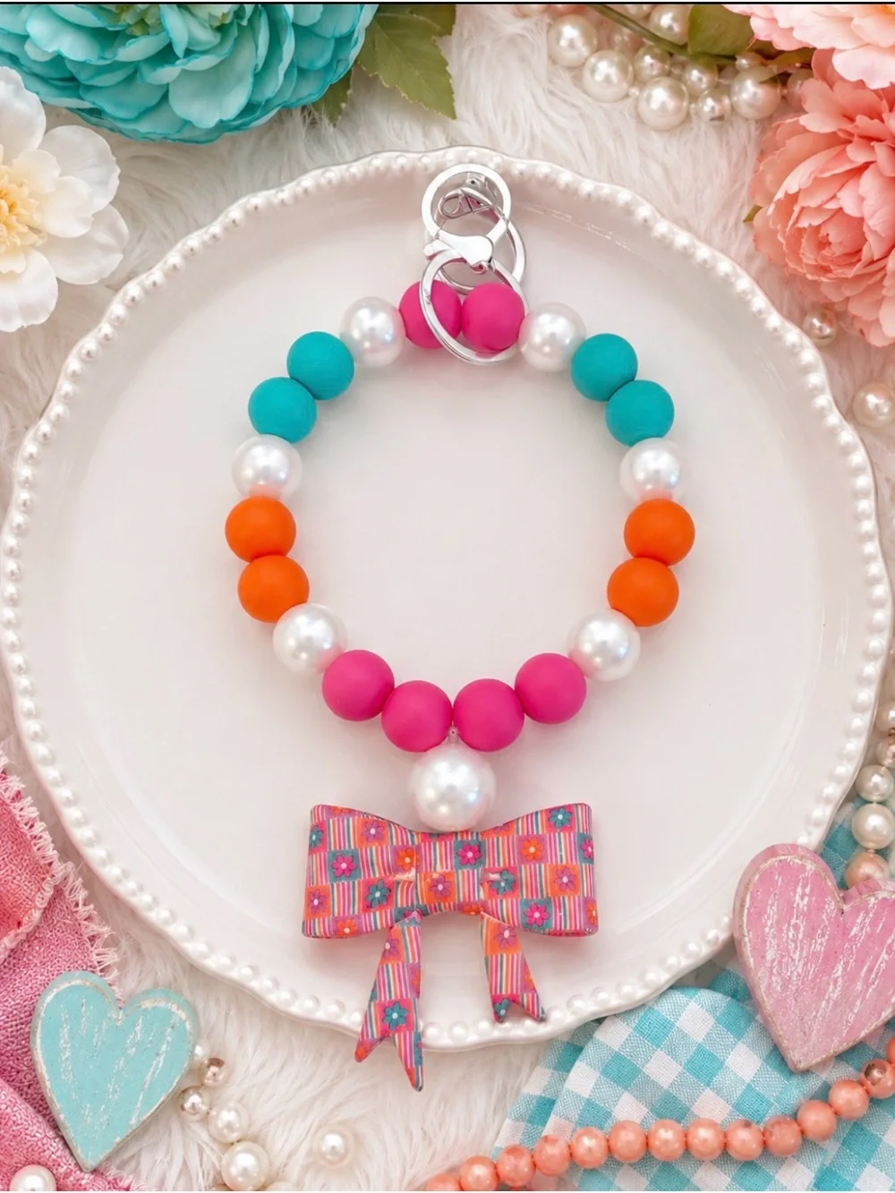 Hand Crafted Beaded Wristlet Keychain W/Bow